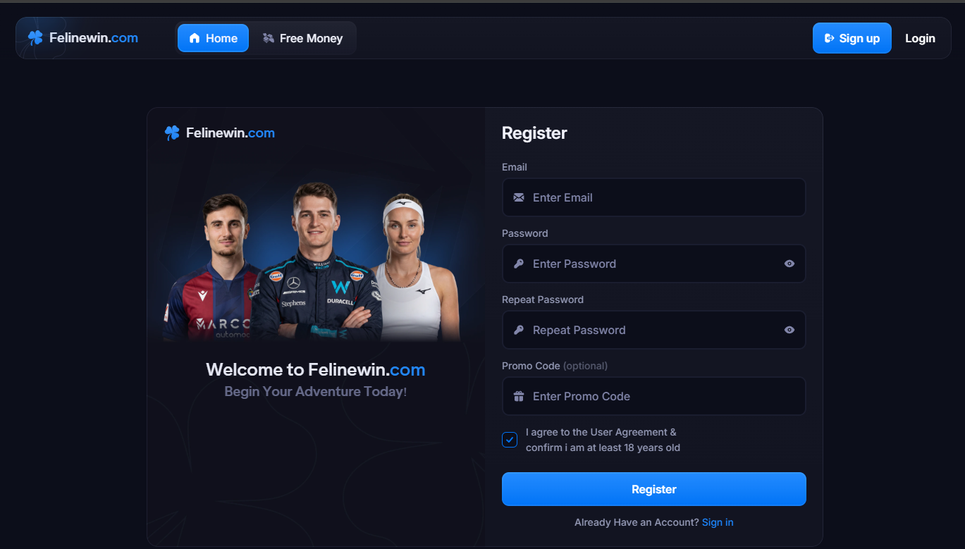 Felinewin registration screen